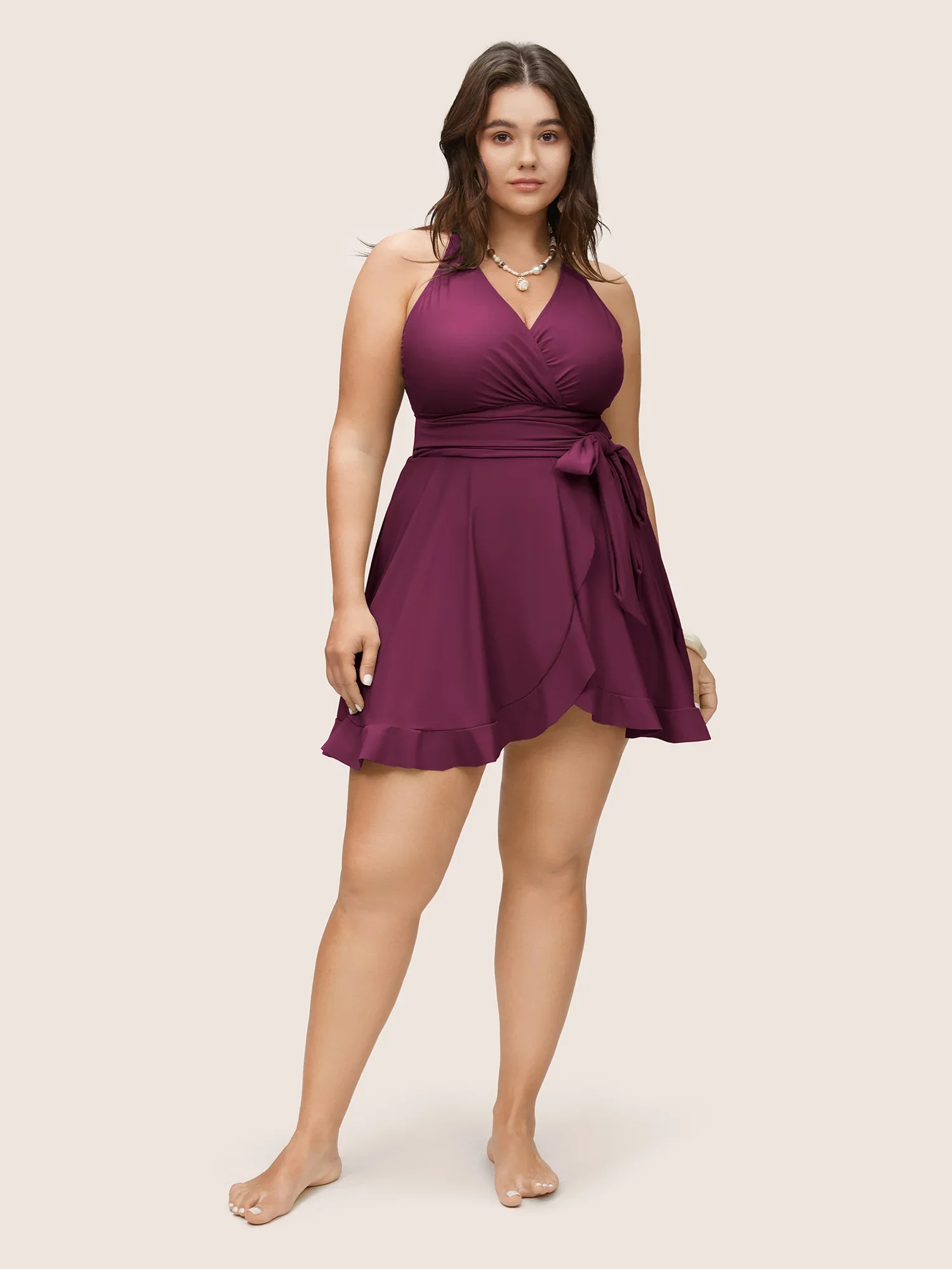 Plus Size One Piece Swimsuit Sleeveless V-Neck Bandage Cover Up Swim Dress